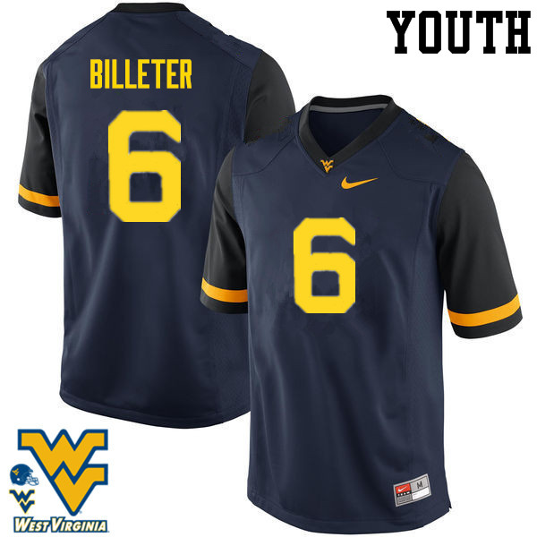 Youth #6 Will Billeter West Virginia Mountaineers College Football Jerseys-Navy - Click Image to Close